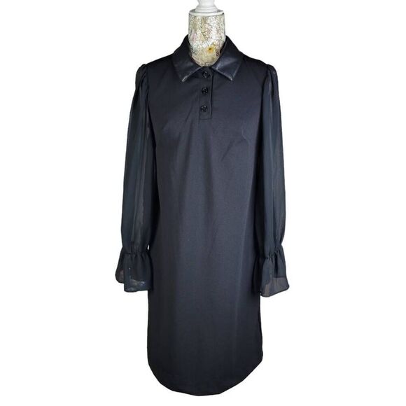 Shelby & Palmer Faux Leather Collar Button Up Sheer Blousy Sleeves Black Dress - Picture 12 of 12